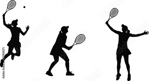 Female tennis silhouette, action pose, black figure, sports movement, racket swing, athletic stance, dynamic motion, competitive energy, game, illustration