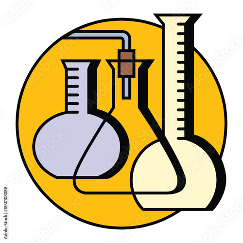 Stylized Chemistry Lab Glassware with Pastel Colors and Yellow Circle