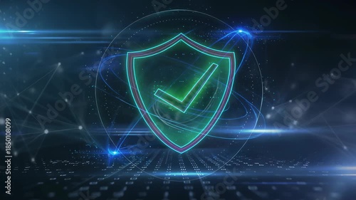 Modern digital security concept with shield symbol and check mark in a futuristic design, perfect for technology and cybersecurity themes.