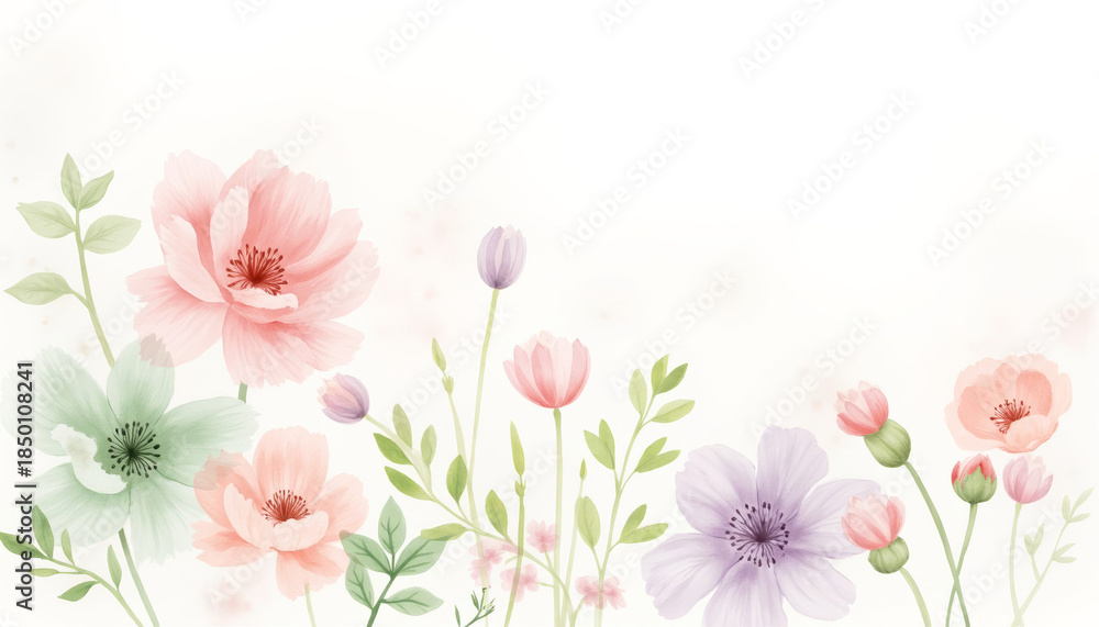 Naklejka premium Soft pastel flowers arranged on a light background in a whimsical style 
