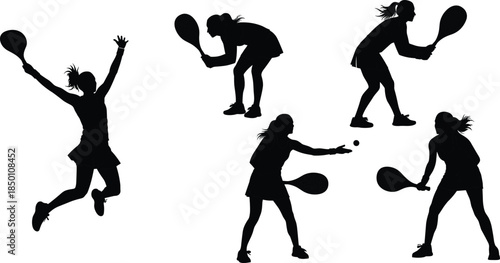 Female tennis silhouette, action poses, black figure, racket swing, athletic movement, sports illustration, dynamic stance, game motion, competitive, artwork