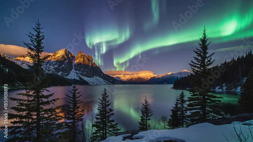 Panorama video of Northern lights in the night sky with rocky snow covered mountain and fjords with shining vivid colors.Slow motion.AI Generative.