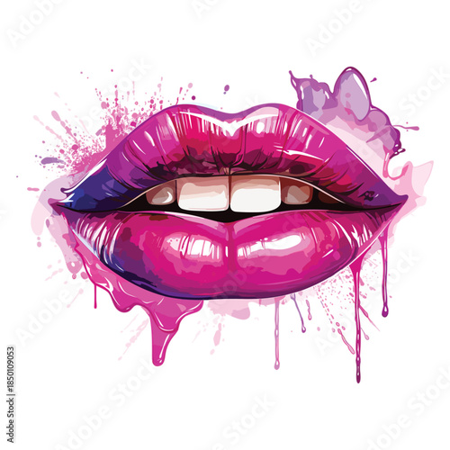 Stylized Glossy Lips with Pink and Purple Paint Splatter