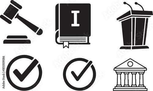 Law and order symbols including gavel book podium and checks