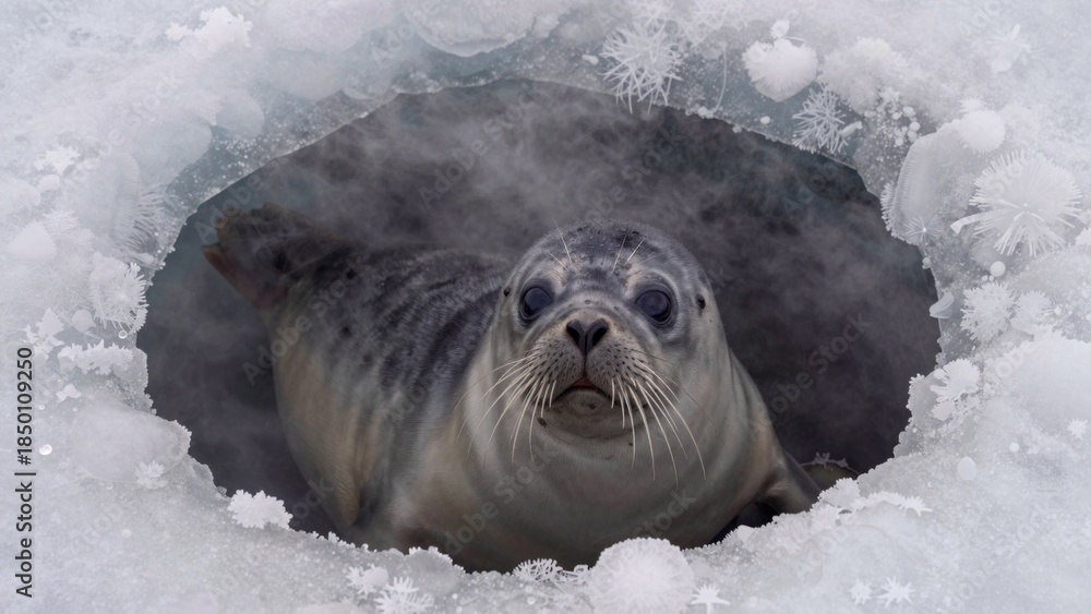 Obraz premium Seal swimming in a hole in the ice during the winter months in a cold environment, seeking food and warmth