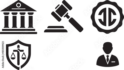 Law and justice symbols including courthouse gavel seal shield and lawyer