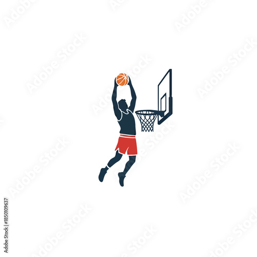 Dynamic basketball player shooting hoop in mid air motion