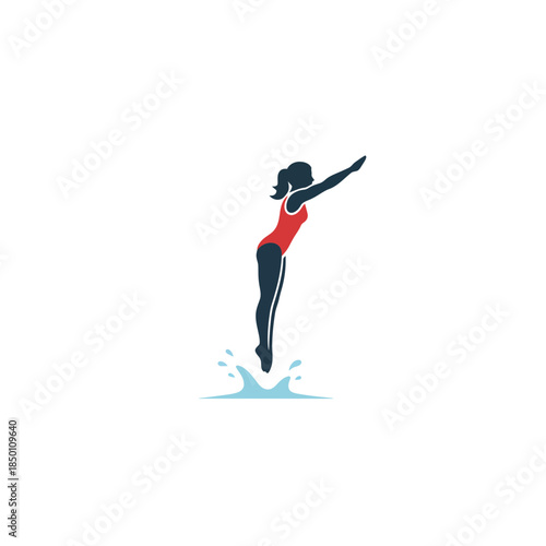 Woman in red swimsuit jumping into water with outstretched arm