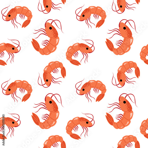 Seamless pattern with orange and red shrimps with small textures. Clean seafood design on white background. Perfect for menus, packaging and decor.