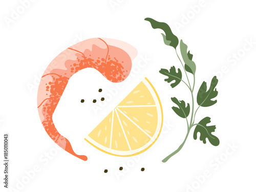 Illustration of a pink boiled shrimp served with a lemon wedge, green parsley branch, and black pepper. Clean design on white background for menus and food branding.