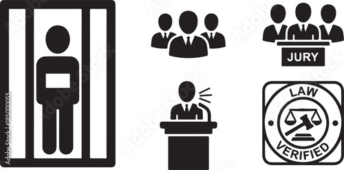 Law and justice icons including prisoner jury trial and court proceedings