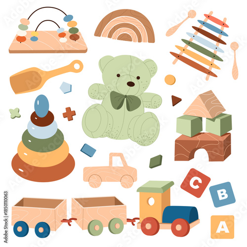 Set of various wooden playthings including a teddy bear, train, blocks, and xylophone. Stylized nursery elements in soft colors. Perfect for baby-related designs and education.