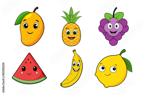 A cute set of happy cartoon fruits and vegetables featuring a smiling apple, orange, and strawberry vector illustration with funny faces and healthy character icons in red and green colors
