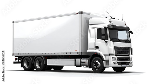 Clean, white delivery truck with cab and long trailer on white background, angled view, professional studio lighting