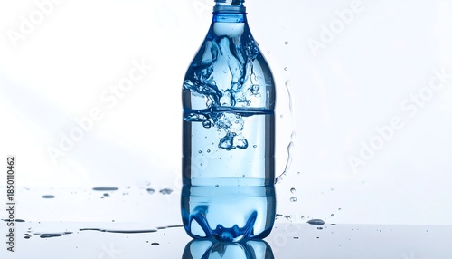 Clear liquid splash inside a plastic bottle with some spilled droplets on a reflective surface, isolated on white background