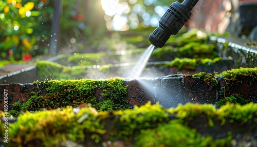 Cleaning moss-covered brick steps with a pressure washer, bright sunlight, and green foliage in the background