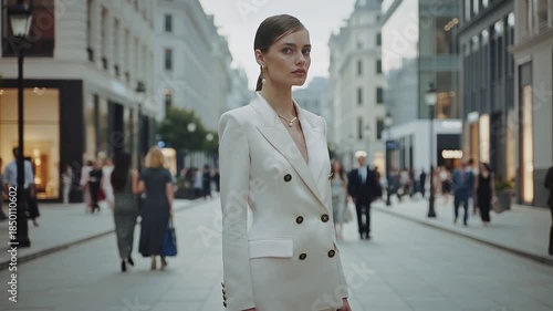 Video of young woman wearing designer clothing and stands in middle of frame and busy crowd rushing on fast motion background.Zoom in.AI Generative.