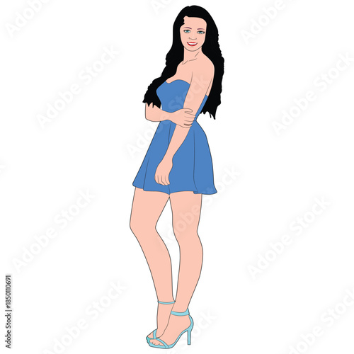 Cartoon Woman in Blue Dress Standing Pose