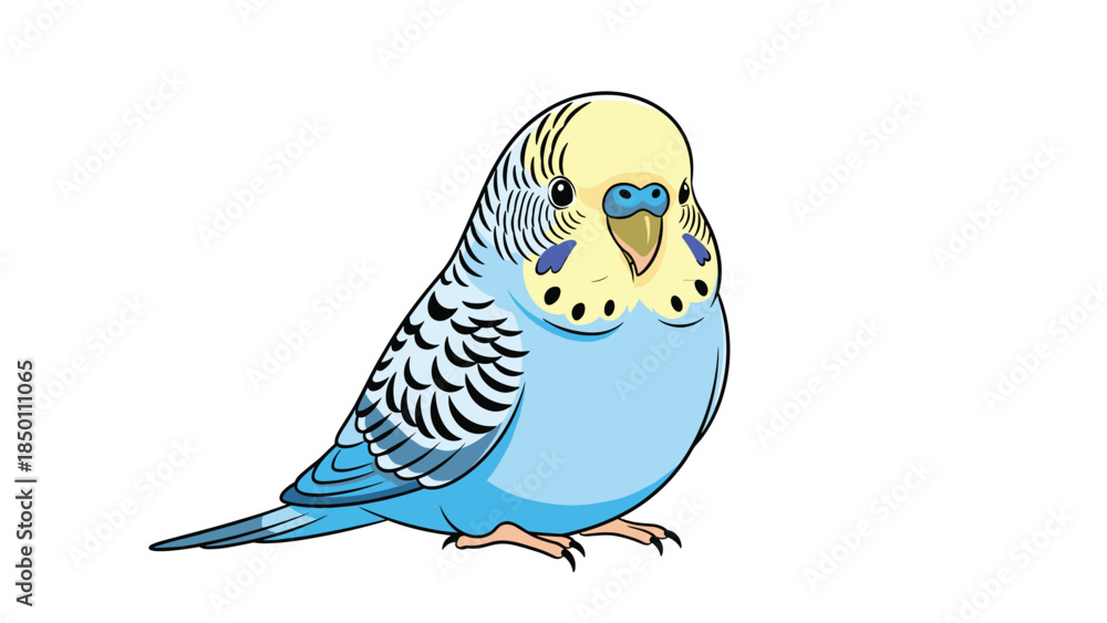 Fototapeta premium Charming illustration of a common blue budgerigar, also known as a budgie or parakeet, standing on a white background.