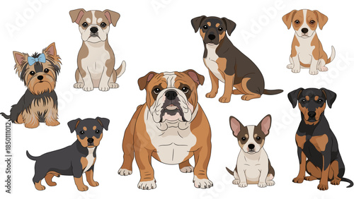 Collection of various purebred and mixed-breed puppies, including a Bulldog and Yorkshire Terrier, sitting in a group.