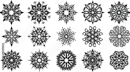 Mandala design, snowflake pattern, black vector, symmetrical artwork, floral motif, ornamental shape, decorative element, intricate line art, abstract, template