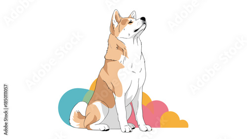 Majestic Akita Inu dog sitting proudly and looking up, illustrated in a clean anime style with colorful abstract shapes behind it.