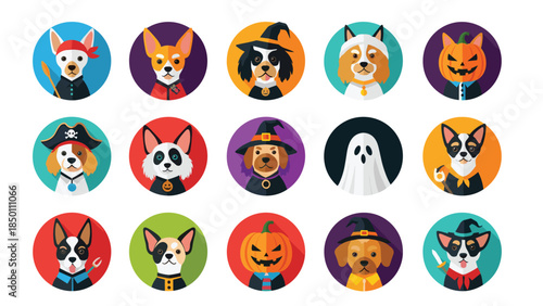 Large collection of cute dog avatars for Halloween, featuring various breeds in costumes like pirates, witches, and pumpkins.