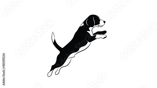 Dynamic black and white silhouette of a Beagle or similar hound dog jumping gracefully through the air on a plain background.