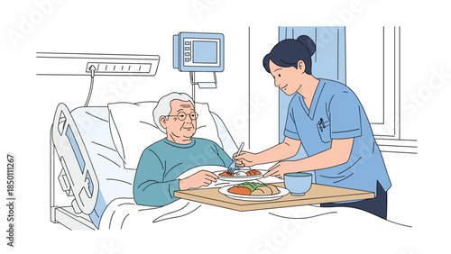 Caring female nurse or caregiver in scrubs feeding an elderly male patient his meal in a modern hospital bed with medical equipment.