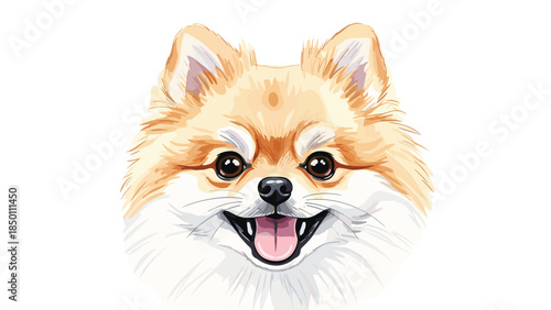 A vibrant and happy watercolor-style portrait of a fluffy Pomeranian dog's face with a big, cheerful smile and tongue out.