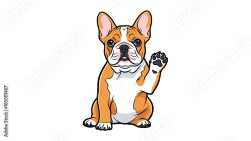 A cute fawn-colored French Bulldog puppy is sitting and waving its paw in a friendly greeting gesture on a white background.