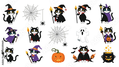 Large Halloween sticker set featuring cute black and white tuxedo cats in various witch and vampire costumes with spooky accessories.