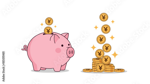 Pink piggy bank cartoon illustration showing the concept of saving money with Japanese Yen coins being deposited and stacked up.