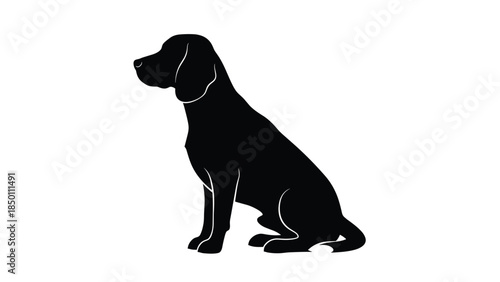 A simple black silhouette of a sitting dog, likely a beagle or similar hound, in a calm profile view on a white background.