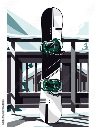 Snowboard with bindings on wooden deck against mountain backdrop  
