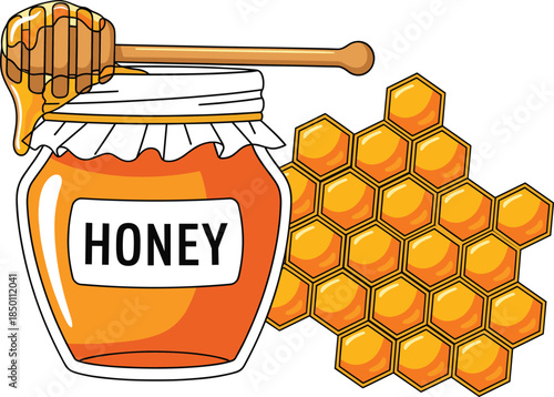 Organic sweet honey glass jar with wooden dipper and golden honeycomb vector illustration isolated on white background for healthy food.