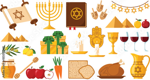 Collection of Jewish holiday symbols including menorah, torah scroll, dreidel, hamsa, star of david, matzah, honey, apples, and traditional kosher food icons.