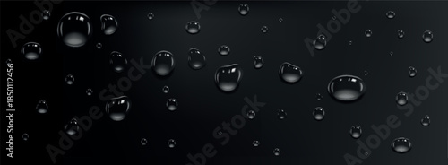 Rain transparent drops f on black background. Realistic wet condensation droplets with light reflection on dark window surface,. Aqua blobs on the surface. Liquid waterdrops texture.