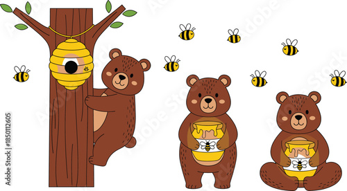 Cute cartoon brown bear characters climbing tree for beehive and holding honey pots with flying bumblebees around them in a flat vector style.
