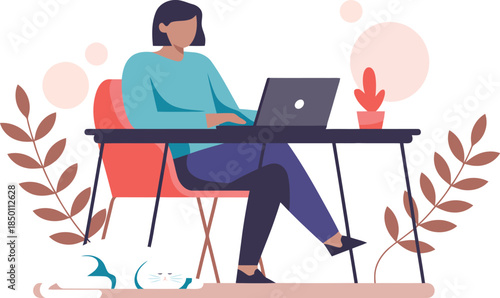 Woman working remotely on laptop with cat at home office