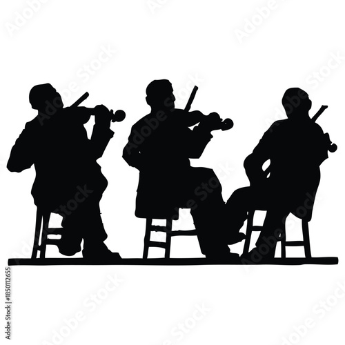 Violin Trio Silhouette – Black Seated Musicians Playing in Classical Ensemble Illustration