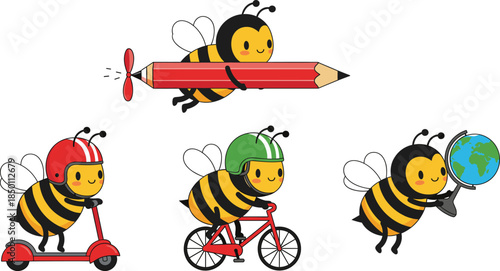 Vector set of four cute kawaii bumblebee characters flying a pencil, riding a scooter, cycling, and holding a globe for children's educational designs.