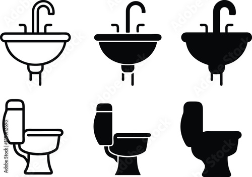 Sink toilet bathroom plumbing sanitary ware icons for home renovation and interior design Vector Silhouette and Pictogram Icon Set.eps