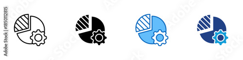 Analytics Control Multiple Style Icon Design Vector - Pie chart with gear symbol representing data analysis, performance control, and operational optimization