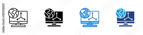 3D World Multiple Style Icon Design Vector - Computer screen with globe and axes representing 3D world visualization and spatial environment