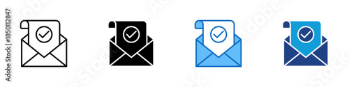 Approved Mail Multiple Style Icon Design Vector - Envelope with document checkmark representing verified messages, approval notifications, and official correspondence