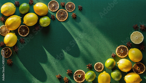 Bild auf Leinwand Vibrant Citrus Fruits and Aromatic Spices on Dark Green