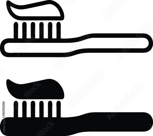 Toothbrush with toothpaste for hygiene oral health care and daily cleaning teeth Vector Silhouette and Pictogram Icon Set.eps
