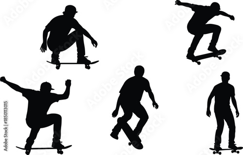 Skateboarding silhouette, dynamic tricks, black figure, sport motion, urban style, athletic pose, skateboard jump, youth culture, action, extreme sport