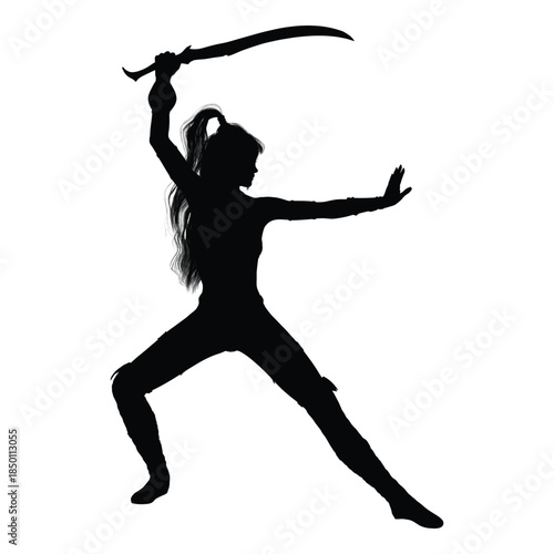 Martial Arts Silhouette Illustration – Warrior Pose with Curved Sword in Black